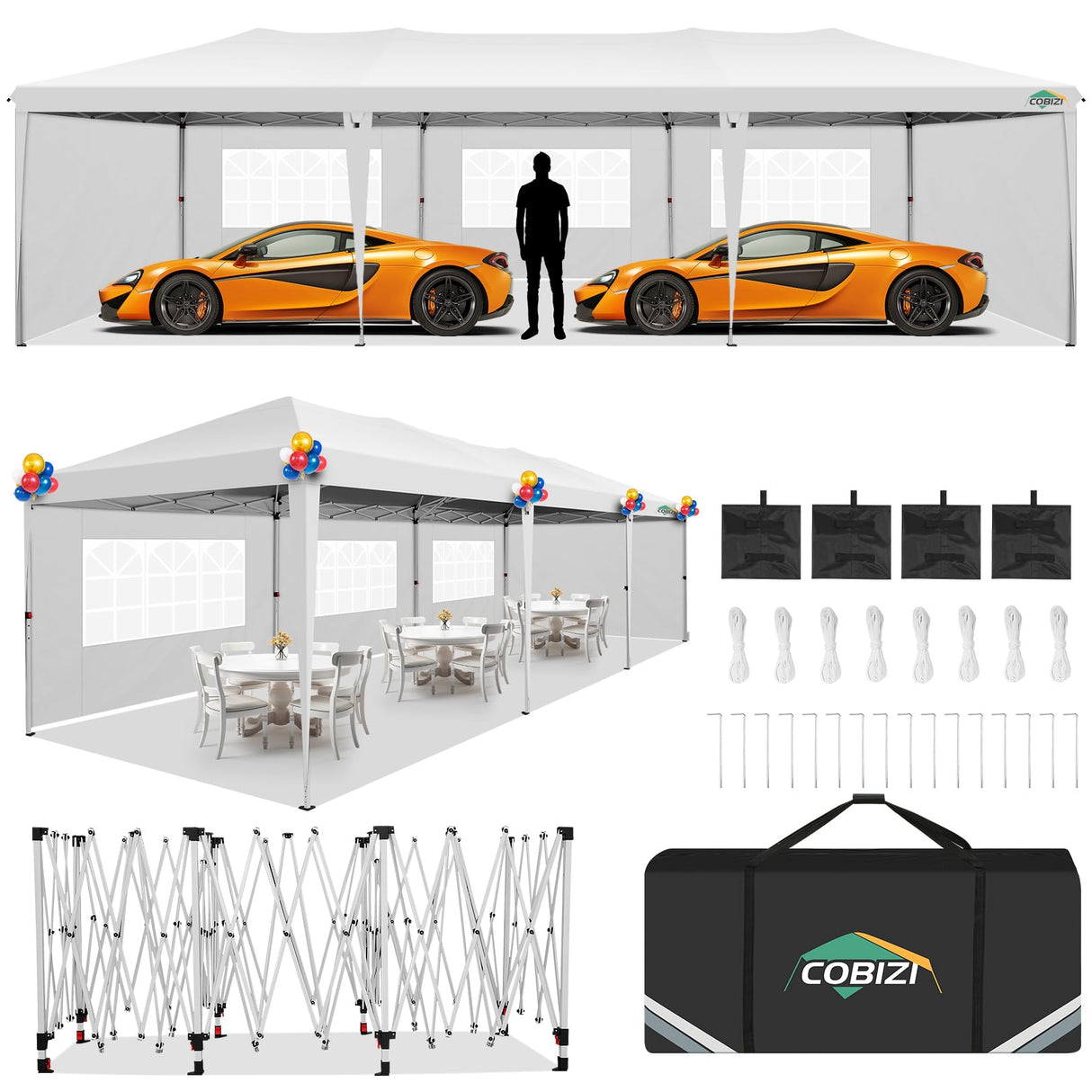 COBIZI 10x30 Pop Up Canopy Tent with Removable Sidewalls, Waterproof Portable Easy Up Canopy with Carry Bag, Instant Outdoor Shelter Tents for Parties, Events, Backyard Gatherings, Weddings, White COBIZI