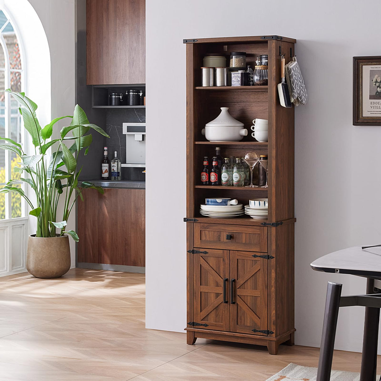 Joaxswe 72in Tall Bookshelf 7 Tier Bookcase with Drawer and Barn Doors and Adjustable Shelves, Brown Farmhouse Book Shelf with Storage Cabinet, Wood Freestanding Display Bookshelves for Kitchen Joaxswe