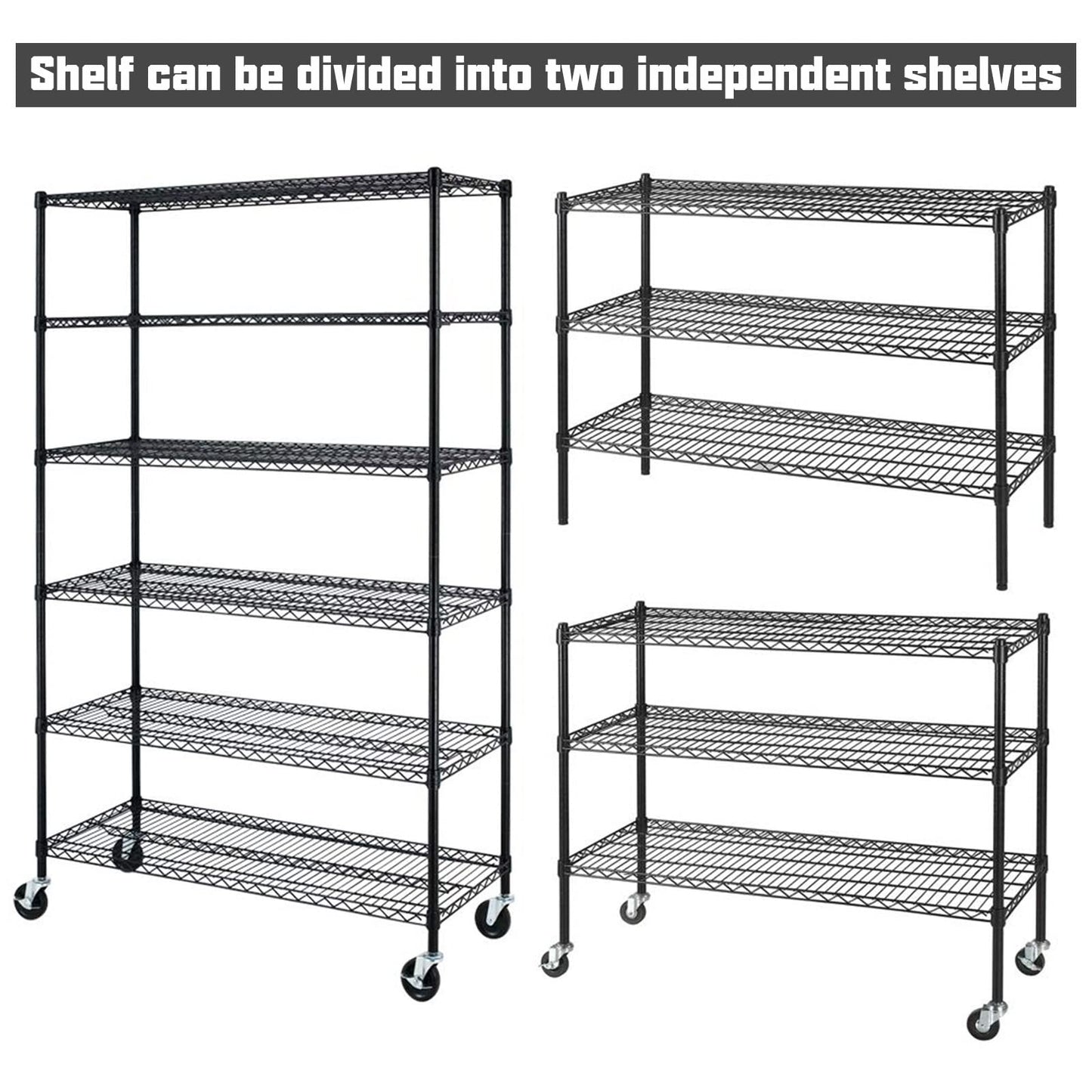 6 Tier Storage Shelves, 5999 Lbs Capacity Metal Shelf with Wheels Height Adjustable NSF Certification 48" L×18" W×72" H Heavy Duty Wire Shelving Units for Garage Pantry Kitchen Rack, Black