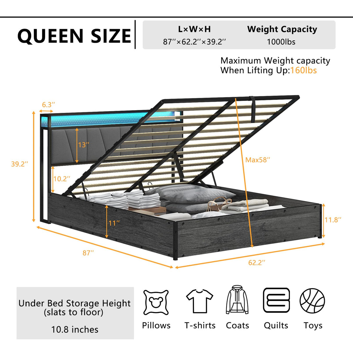 LUXOAK Queen Size Lift Up Storage Bed Frame with RGB LED Lights and Charging Station in Rustic Grey LUXOAK
