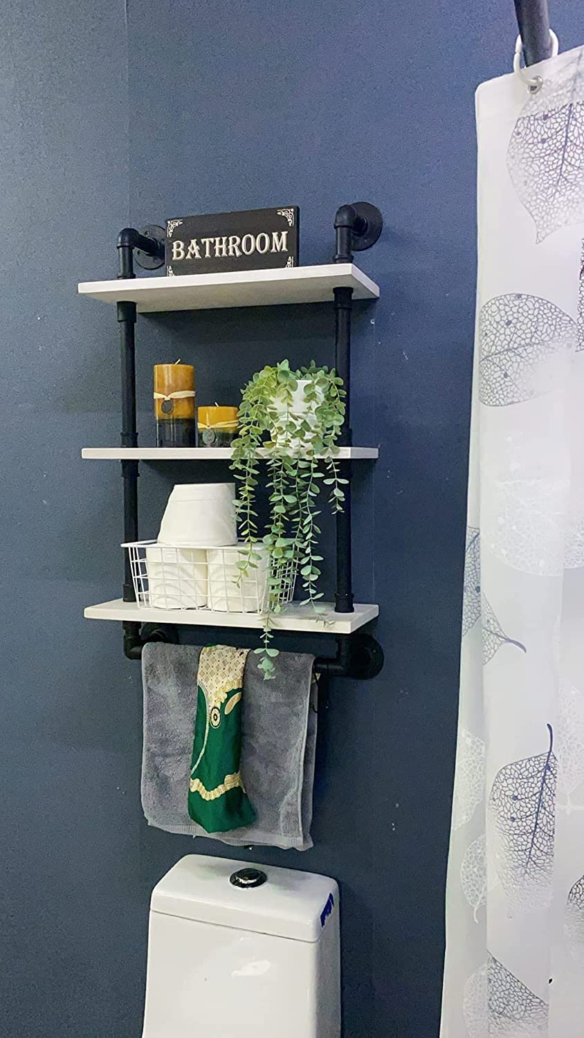 ROGMARS Industrial Pipe Shelving Bathroom Pipe Shelves with Towel Bar,3 Tier 24 inch Retro White Rustic Farmhouse Pipe Industrial Wall Shelves Bathroom Shelves Over Toilet for Storage ROGMARS