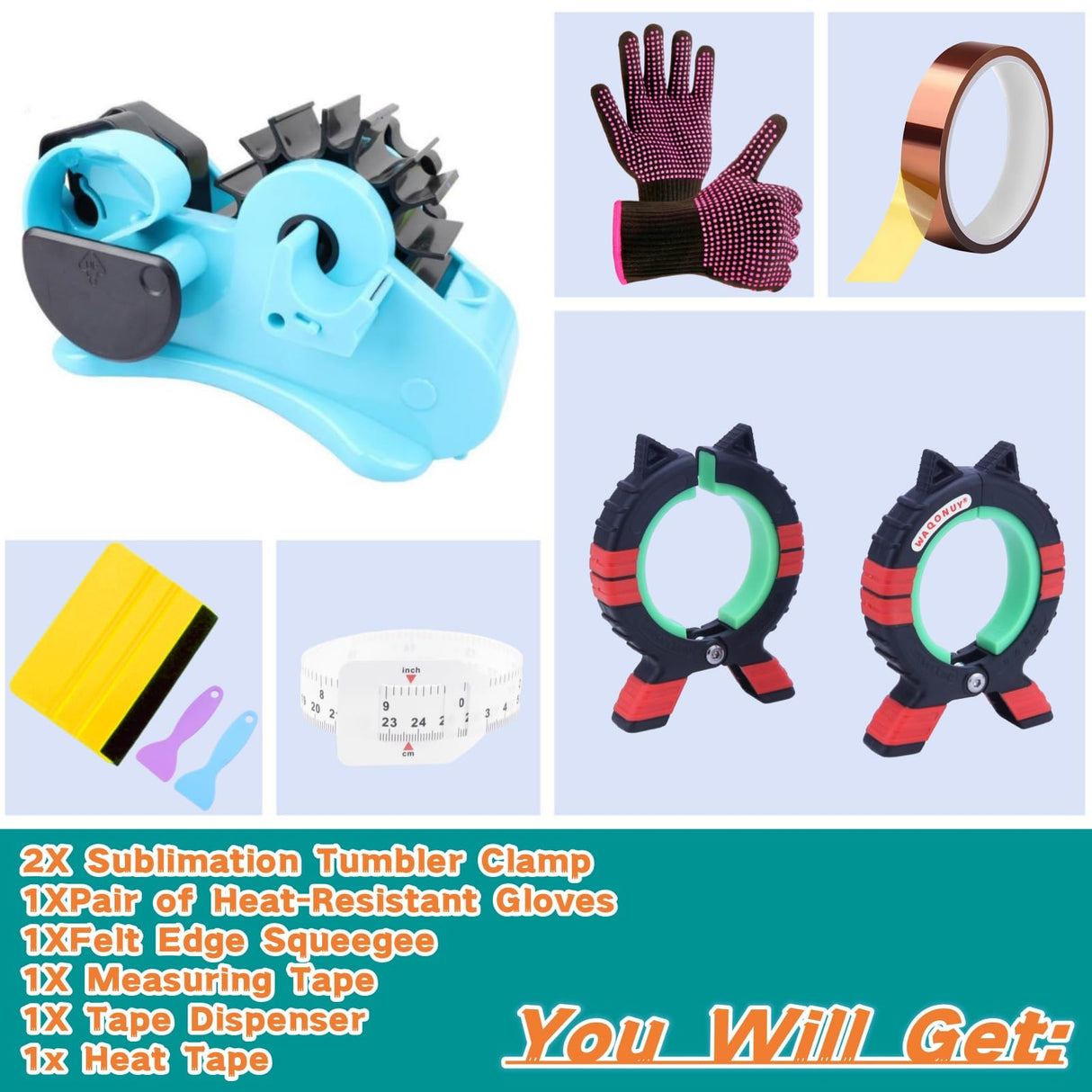 Sublimation Blanks Tumbler Clamp Tool Kits for 20oz 30ozSublimation Blanks, Heat Resistant Gloves, Heat Tape Sublimation, Heat Tape Dispenser Sublimation Kit,Heat Tape Dispenser Sublimation WAQONUY