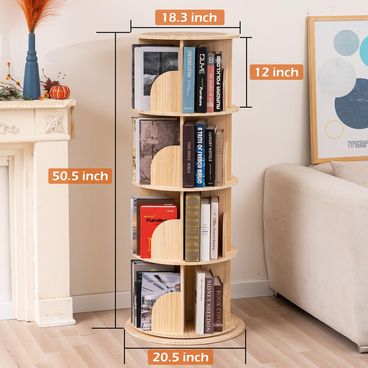 BUYWAY 360° Rotating Solid Wood Bookshelf Tower - Versatile 4-Tier Bookcase for Kids & Adults in Natural Finish BUYWAY