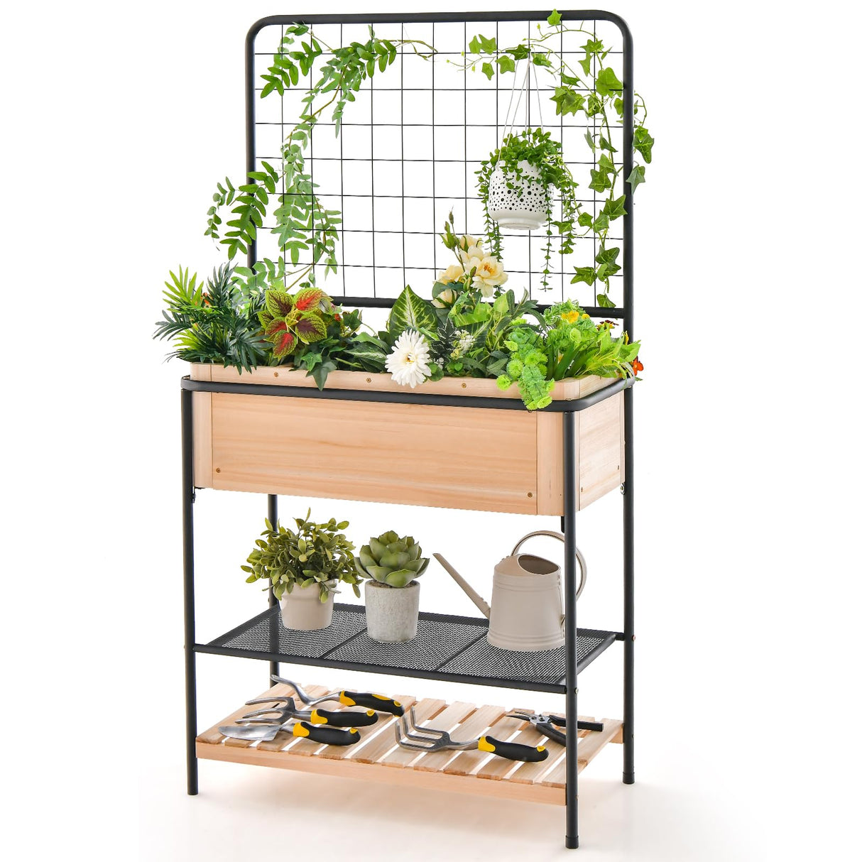HAPPYGRILL Outdoor Raised Garden Bed, 59” Wooden Elevated Planter Box w/Open Storage Shelves, Removable Grid Divider, Drain Holes & Black Liner, Raised Garden Bed w/Legs & Trellis for Vegetables HAPPYGRILL