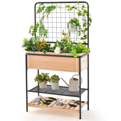 HAPPYGRILL Outdoor Raised Garden Bed, 59” Wooden Elevated Planter Box w/Open Storage Shelves, Removable Grid Divider, Drain Holes & Black Liner, Raised Garden Bed w/Legs & Trellis for Vegetables HAPPYGRILL