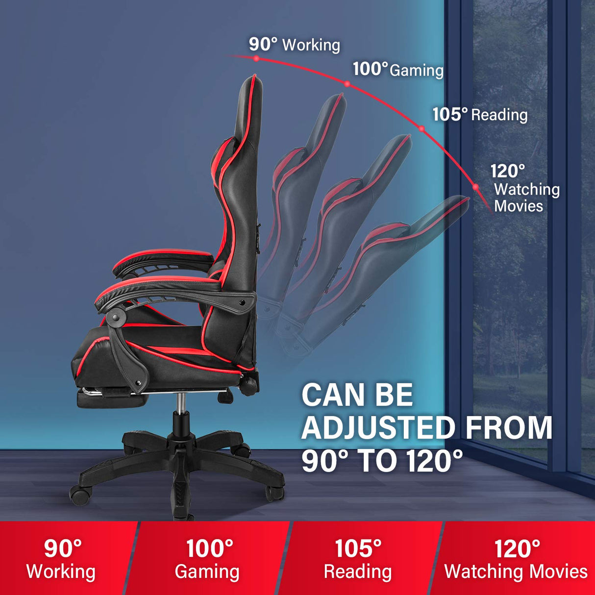 Gaming Chair, Backrest and Seat Height Adjustable Swivel Recliner Racing Office Computer Ergonomic Video Game Chair with Footrest and Lumbar Support, Red/Black YSSOA