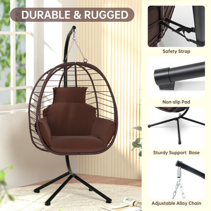 VARVIND Hanging Egg Chair with Stand Patio Hammock Swing Chair, Basket Wicker Rattan Adjustable Height UV Resistant Indoor Outdoor Use 350Lbs Brown - WoodArtSupply