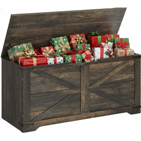 DWVO Storage Bench, Farmhouse Storage Chest with 2 Safety Hinges, 39.4" Retro Wooden Storage Organizer, Shoe Bench for Entryway, Bedroom, Living Room, Dark Rustic Oak DWVO