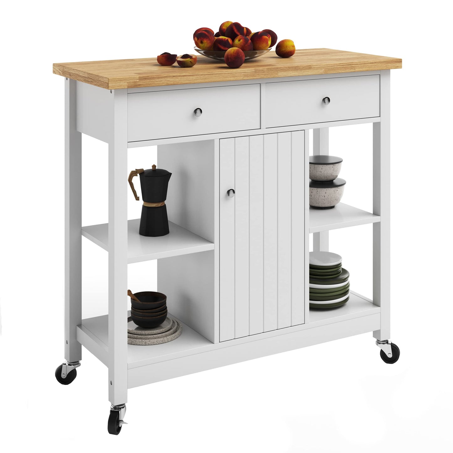 Lavish Home Kitchen Island with Drawers - Rolling Cart with Locking Casters - Use as Coffee Bar, Microwave Stand, or Shelves for Storage (White)