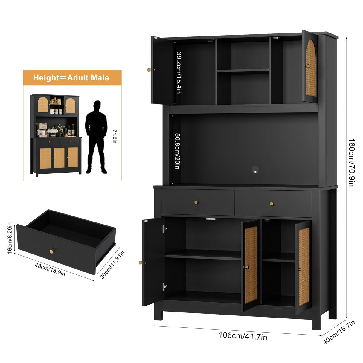 FINETONES 71" Kitchen Pantry Cabinet, Black Pantry Cabinet with Microwave Stand & Charging Hole, Freestanding Kitchen Hutch with Drawers and Adjustable Shelves, Kitchen Rattan Cabinet for Kitchen FINETONES