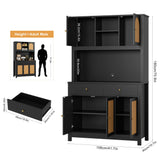 FINETONES 71" Kitchen Pantry Cabinet, Black Pantry Cabinet with Microwave Stand & Charging Hole, Freestanding Kitchen Hutch with Drawers and Adjustable Shelves, Kitchen Rattan Cabinet for Kitchen FINETONES