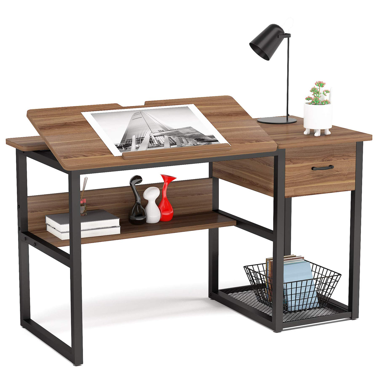Tribesigns Drafting Table with Storage Drawers, Drawing Computer Desk Artist Craft Table Painting Desk Workstation with Shelves and Tiltable Tabletop for Students, Home Office Tribesigns