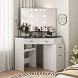 Fameill Corner Vanity Desk with Tri-Fold Mirror and Adjustable Light, Makeup Dressing Table with Power Outlet, 3 Drawers, Sliding Cabinet, Open Shelves, White Vanity Desk for Bedroom, Women, and Girls Fameill