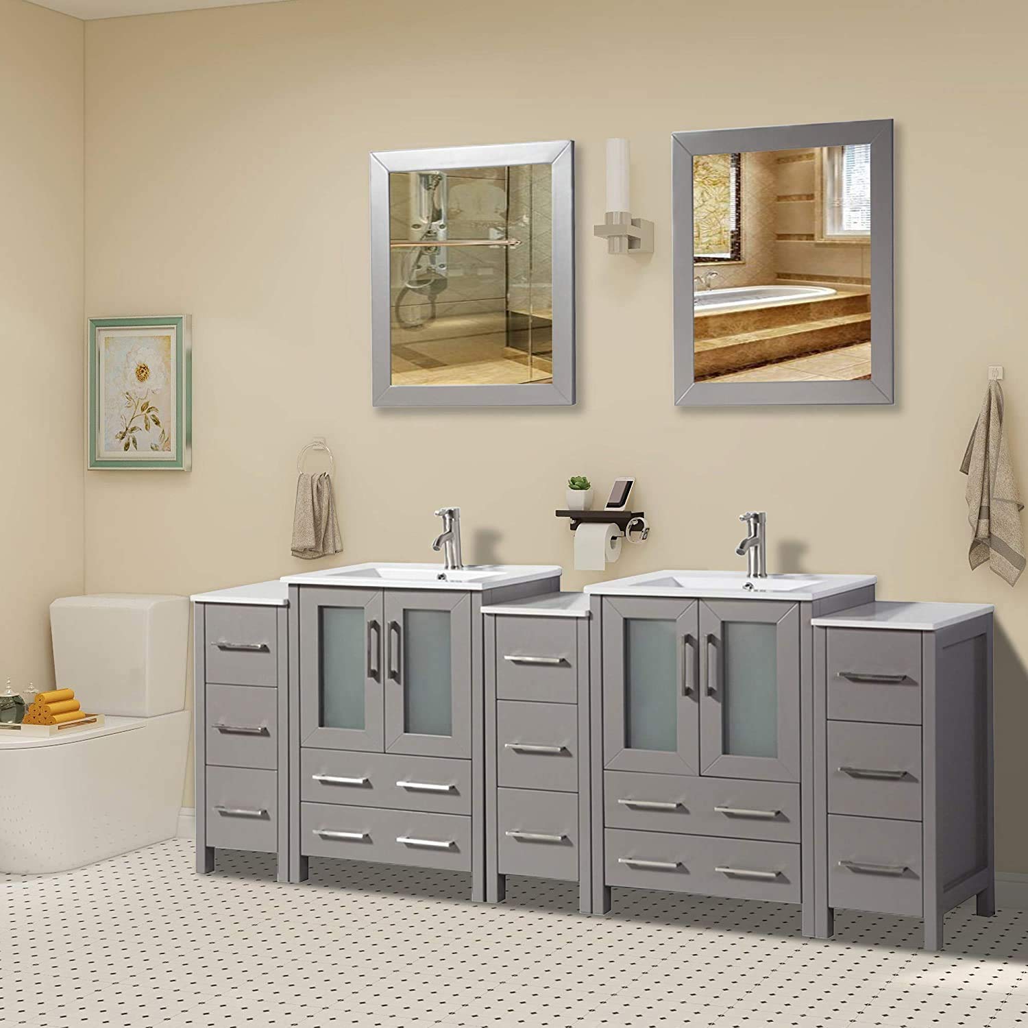 Vanity Art 84 Inch Under Mount Double Sink Bathroom Vanity Cabinet with 2 Mirrors, Ceramic Top Bathroom Cabinet Compact Set with 13 Dovetail Storage Drawers and Brushed Nickel Handles, VA3024 - WoodArtSupply