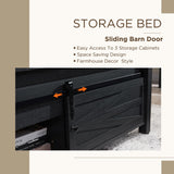 JXQTLINGMU Farmhouse Wood Bed Frame Queen Size with Sliding Barn Door Storage Cabinets and Headboard, Solid Wood Slats Support, Noiseless, No Box Spring Needed, Black JXQTLINGMU