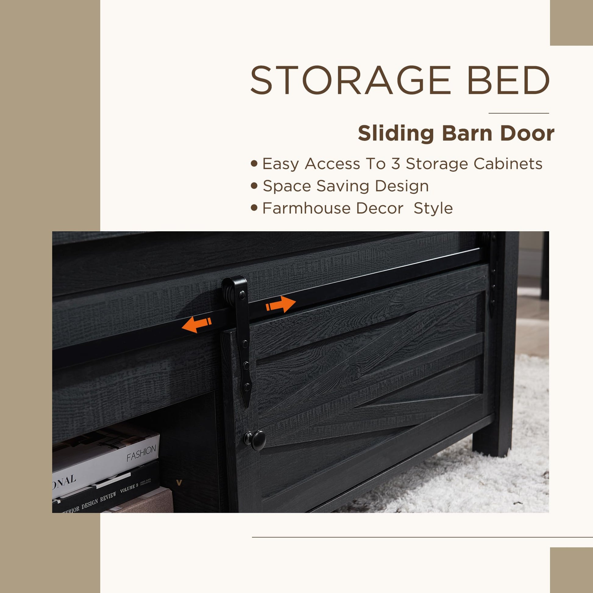 JXQTLINGMU Farmhouse Wood Bed Frame Queen Size with Sliding Barn Door Storage Cabinets and Headboard, Solid Wood Slats Support, Noiseless, No Box Spring Needed, Black - WoodArtSupply