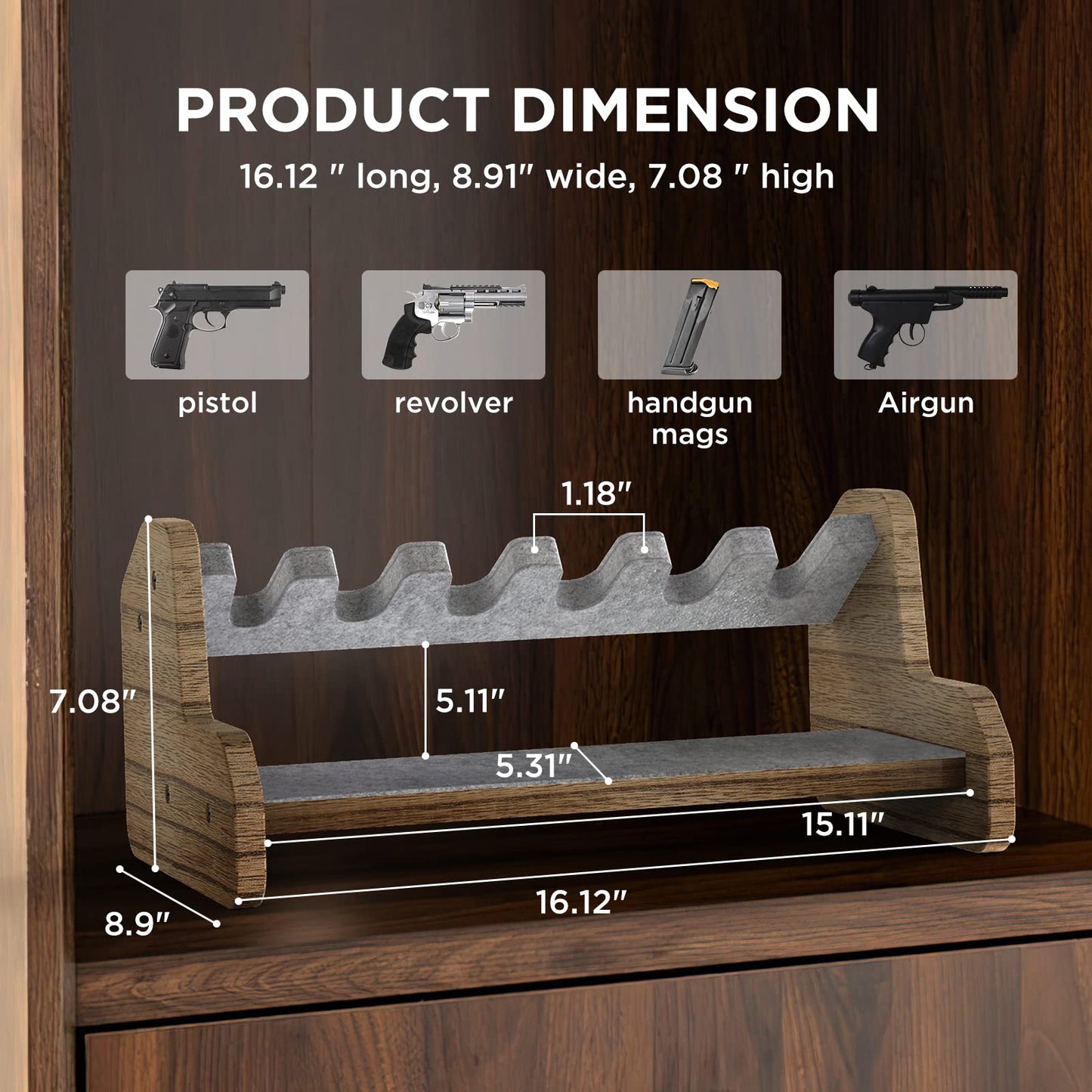 DINGDOON Pure Wood Made Pistol Rack, Handgun Rack for Gun Cabinet Storage, Gun Safe Organizer Accessories, 6 Gun Holder with Carpeted Surface - WoodArtSupply