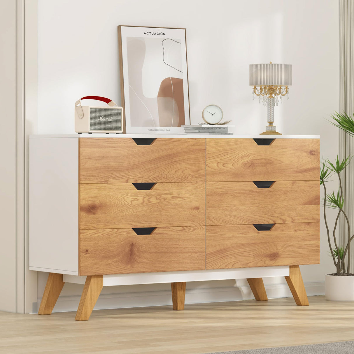 EazeHome Dresser for Bedroom with 6 Drawers, Rustic Brown Modern Wide Chest of Drawers, Large Wooden Storage Organizer for Living Room, Hallway, Entryway EazeHome