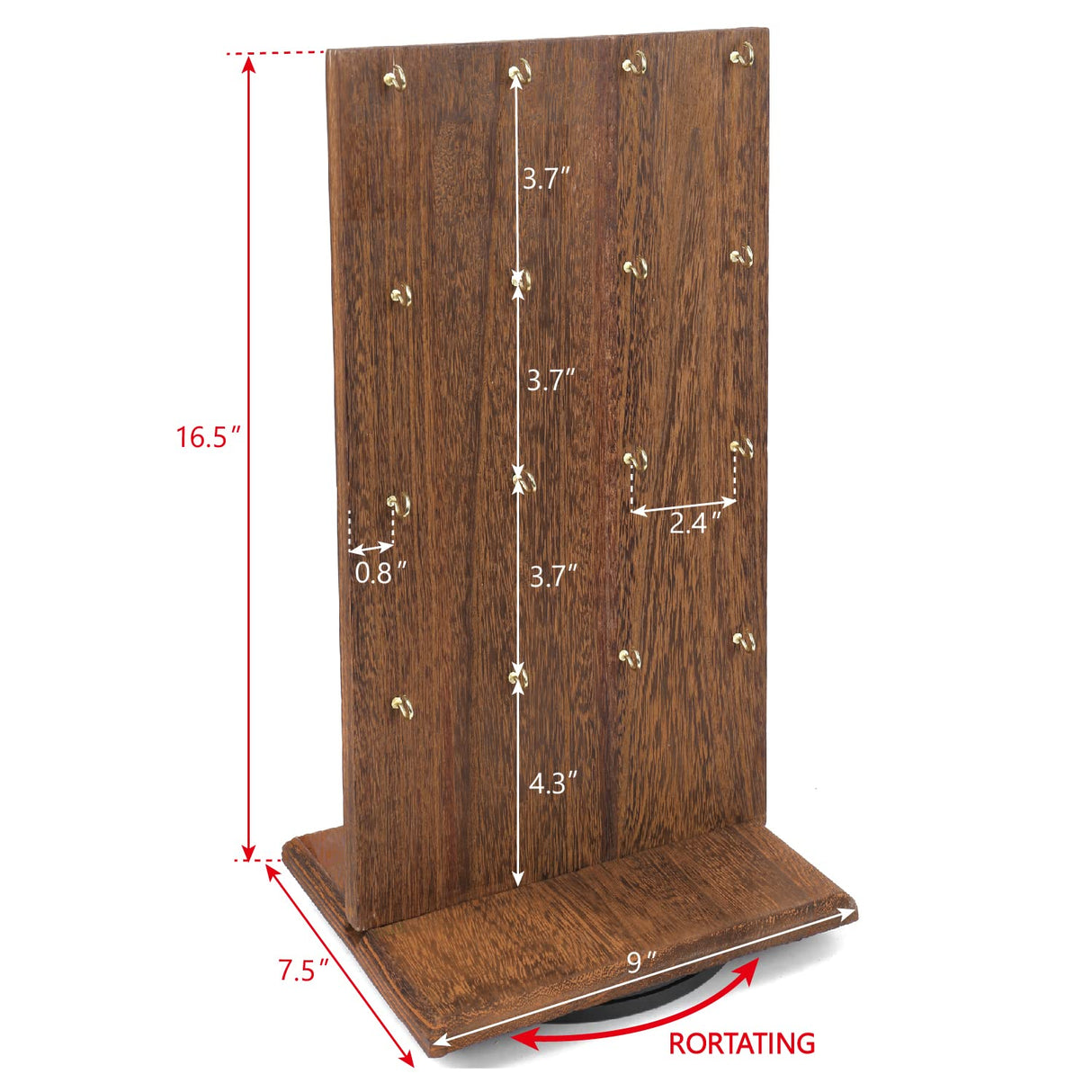 Ikee Design Wooden Rotating Two-Sided Jewelry Display Stand, Rotating Organizer with 32 Hooks for Store, Earring Keychain Display with Hooks, Brown color, 9 W x 7.5 D x 16.5 H in Ikee Design