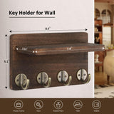 Nekon Key Holder Wall Mount, 8.5 Inch Small Home Decor Wooden Wall Organizer with 4 Hooks and Shelf, Wall Decor for Living Room Entryway Kitchen (Brown) Nekon