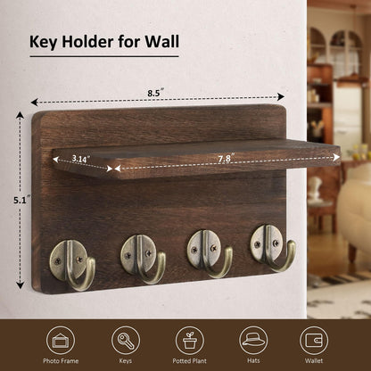 Nekon Key Holder Wall Mount, 8.5 Inch Small Home Decor Wooden Wall Organizer with 4 Hooks and Shelf, Wall Decor for Living Room Entryway Kitchen (Brown)