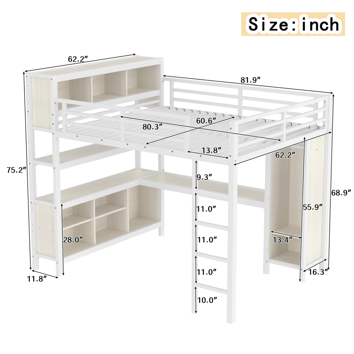 Bellemave Queen Loft Bed with Desk & Wardrobe, Heavy Duty Metal Loft Beds with Storage Shelves, Space Saving Loft Bed Queen Size with Safety Guard, White Wood Grain Bellemave