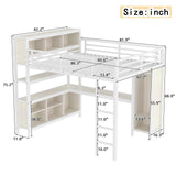 Bellemave Queen Loft Bed with Desk & Wardrobe, Heavy Duty Metal Loft Beds with Storage Shelves, Space Saving Loft Bed Queen Size with Safety Guard, White Wood Grain Bellemave