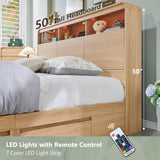 Aitjunz Modern King Size Bed Frame with 50" Tall Storage Headboard, Wood King Size Platform Bed Frame w/4 Drawers, Curved Profile Design,LED Light, Charging Station,No Box Spring Needed, Natural Oak Aitjunz