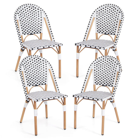 Tangkula French Bistro Chair Set of 4, Outdoor Armless Dining Chairs with Hand-Woven Rattan, Accent Chairs with Galvanized Metal Frame for Garden Kitchen Backyard Porch (Black & White) Tangkula
