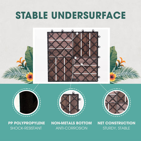 Idzo Interlocking Deck Tiles - 10PCS Waterproof Acacia Wood Patio, Flooring Panels for Both Indoor and Outdoor - Decking Checker Pattern, 12 x 12 x 0.9 Inches, Dark Brown IDZO