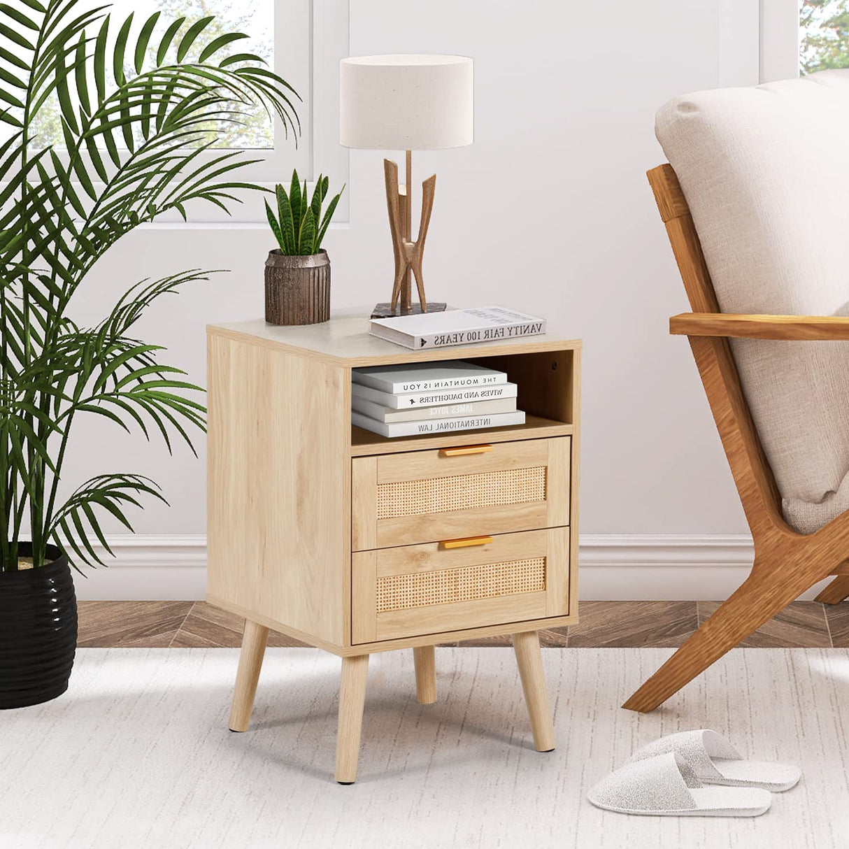 AILEEKISS Rattan Nightstand with Wireless Charging Station Modern Bedside Tables with Solid Wood Feet Rattan Night Stands with Drawers and Open Storage Shelf for Bedroom (Natural) AILEEKISS