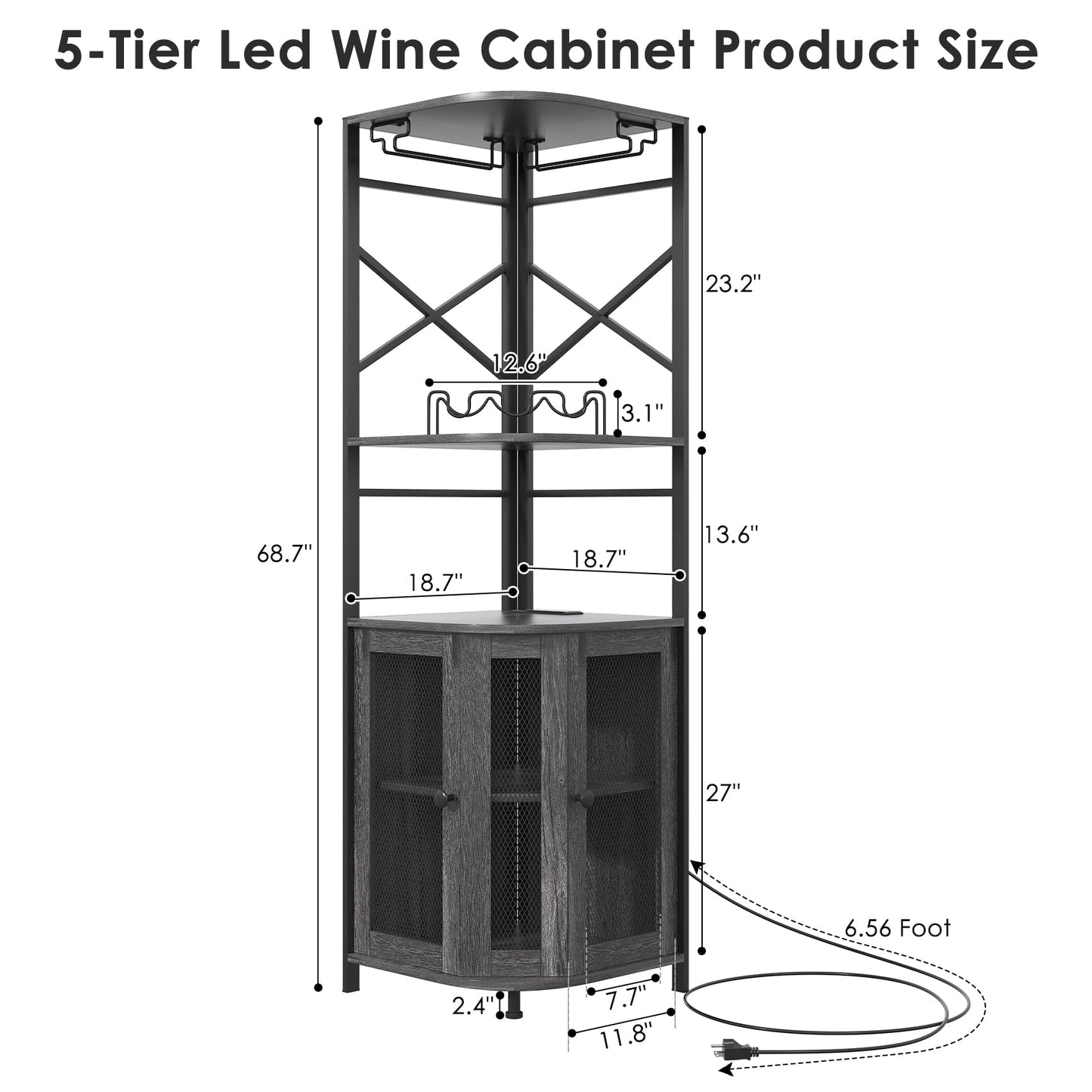 Aufvolr Corner Bar Cabinet with Power Outlet, 5-Tier Industrial Wine Cabinet with LED Strip and Glass Holder, LED Liquor Cabinet Bar Unit for Home, Corner Display Cabinet for Small Space, Grey