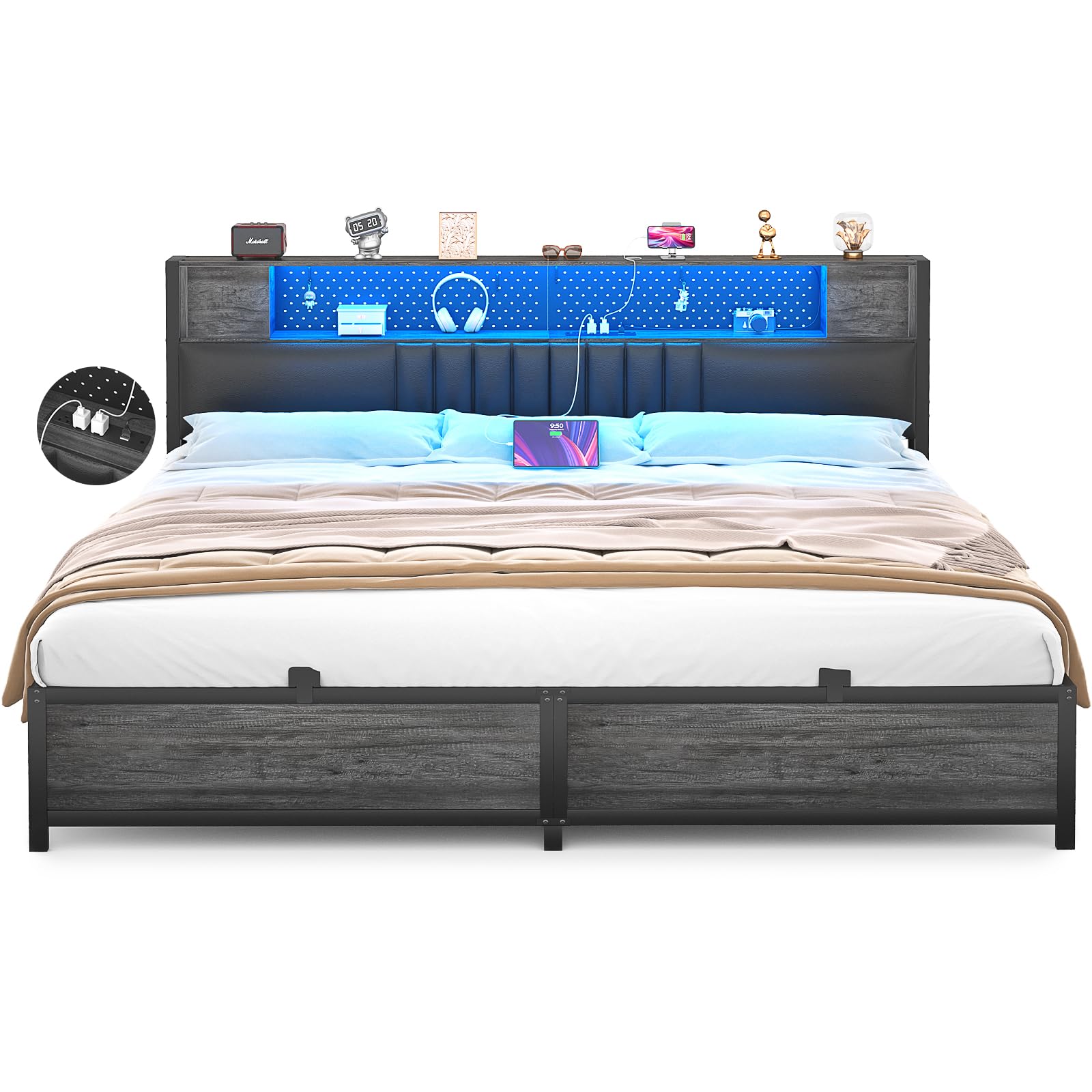 Unikito King Size Platform Bed Frame with LED Light, Power Outlets, Upholstered Headboard, and Storage - Black Oak - WoodArtSupply