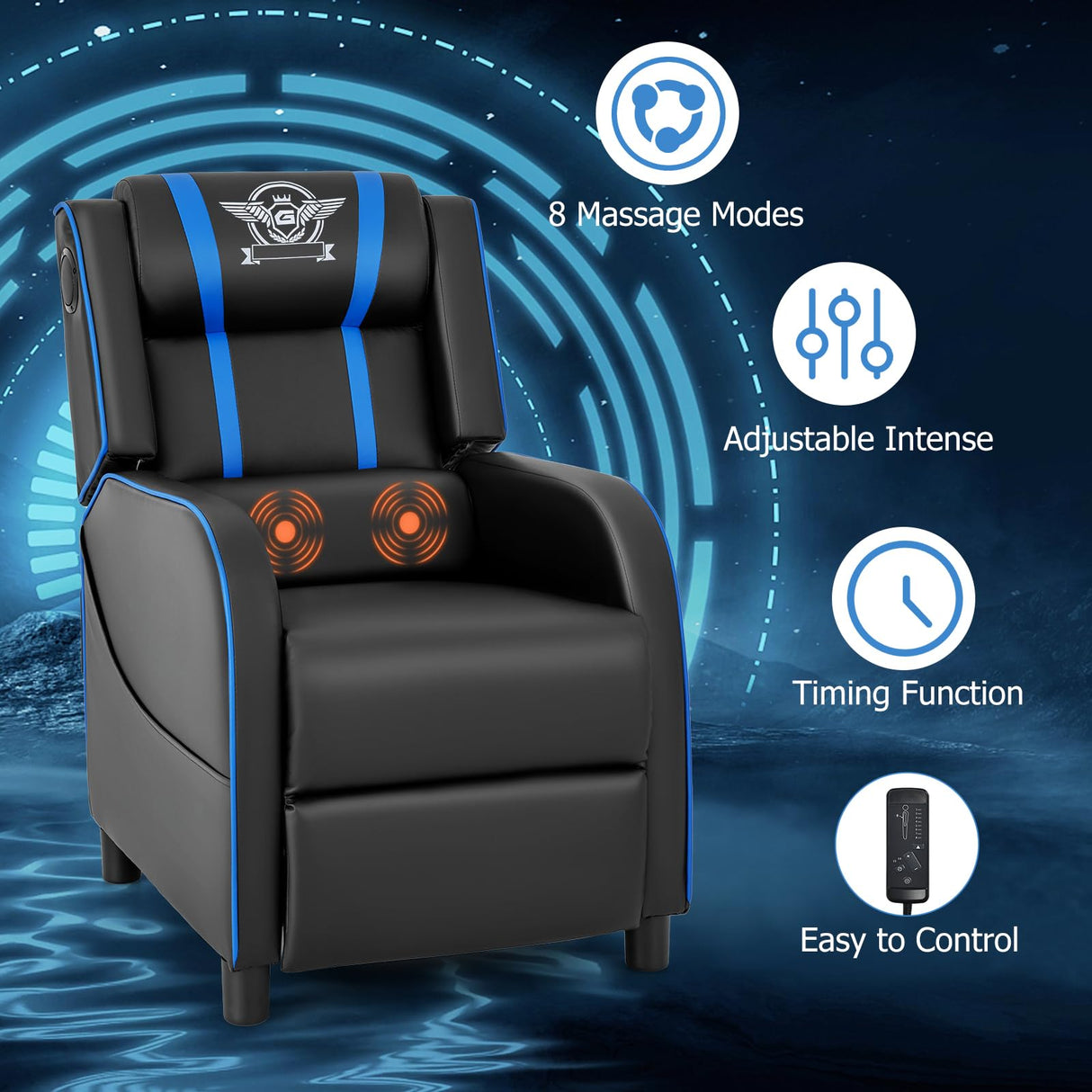 Giantex Gaming Massage Recliner Chair - Racing Style Gaming Sofa Chair with Reclining Backrest, Massage Lumbar Pillow, Retractable Footrest, Home Theater Seating with Bluetooth Speaker (Blue) Giantex