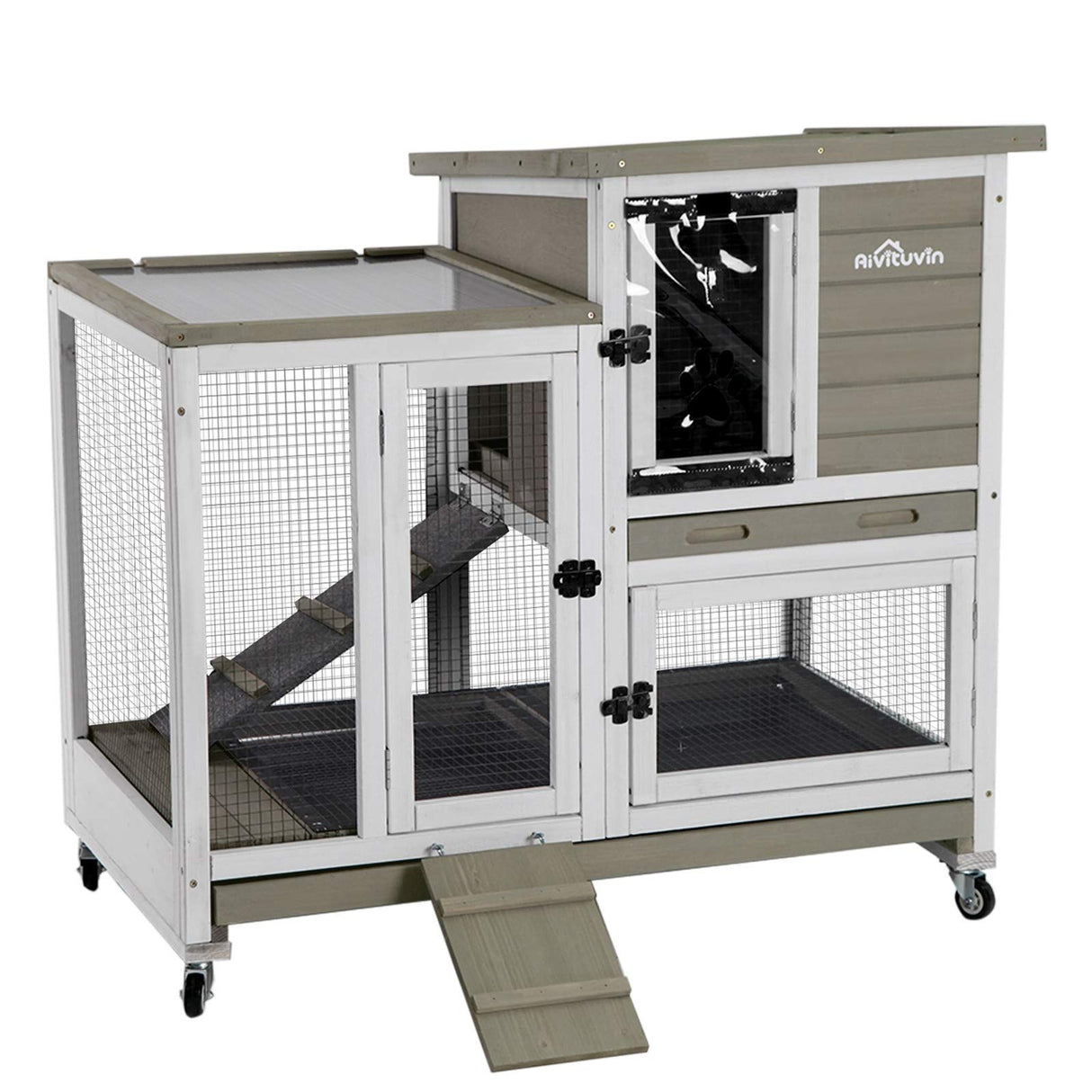 Aivituvin Upgrade Rabbit Cage Indoor Bunny Hutch with Run with Two Deeper No Leak Trays - 4 Casters Include for Outdoor (Mocca) Aivituvin