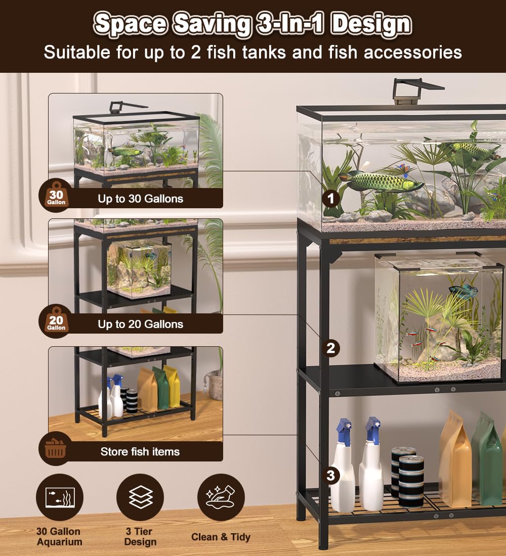 AnBaiMei 20-30 Gallon Aquarium Stand, Metal Fish Tank Stand with Adjustable 3-Tier Storage Shelf, Heavy Duty Reptile Breeder Turtle Tank Terrarium Rack Table for Home Office, 30" L x 12" W x 32.2" H, Black