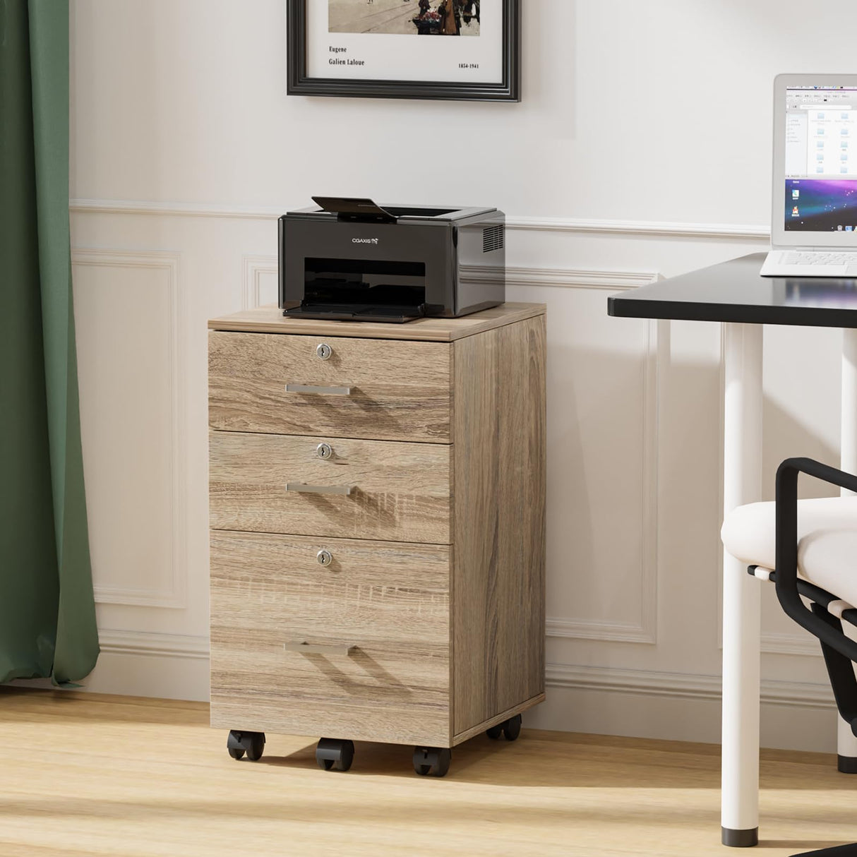 VINGLI 3-Drawer File Cabinet with Lock, Wood Rolling File Cabinet Under Desk File Cabinets for Home Office, Mobile Printer Stand & File Cabinet for Letter Sized Files, 26" H(Caster Included), Oak VINGLI