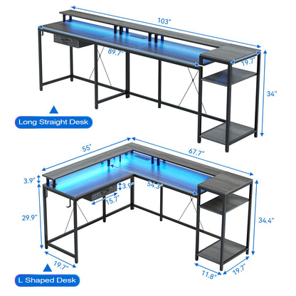 GAOMON L Gaming Desk, 68" Home Office Desk with File Drawer & Power Outlet, Computer Corner Desk with Monitor Shelf and Hook, LED Lights, Two Person Desk, Oak - WoodArtSupply