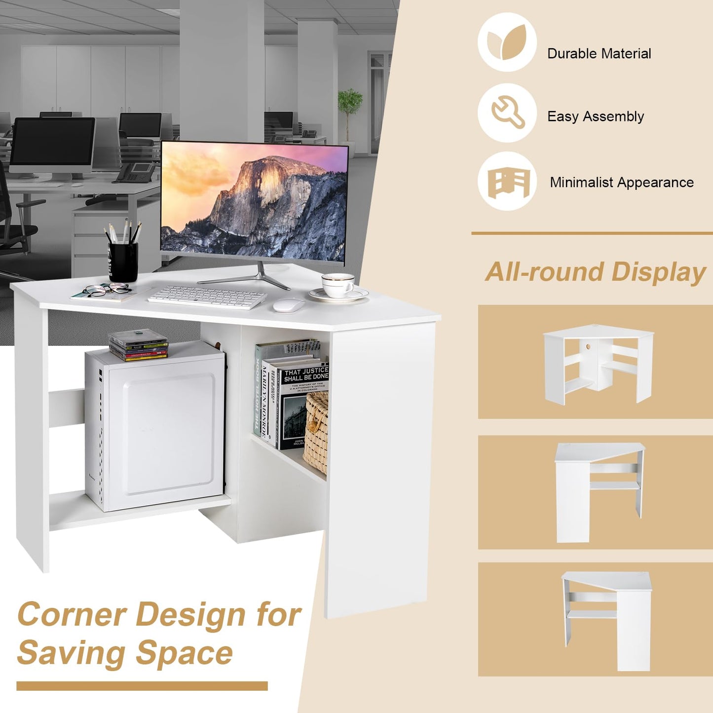 Tangkula White Corner Desk - 90 Degrees Triangle for Computer, Small Space, Bedroom, Makeup Vanity Desk with Storage Shelves & CPU Stand, Space Saving Writing Desk - WoodArtSupply