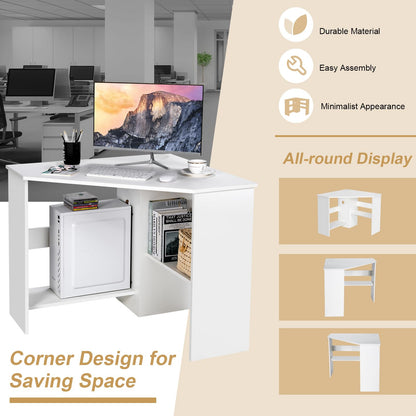 Tangkula White Corner Desk - 90 Degrees Triangle for Computer, Small Space, Bedroom, Makeup Vanity Desk with Storage Shelves & CPU Stand, Space Saving Writing Desk - WoodArtSupply