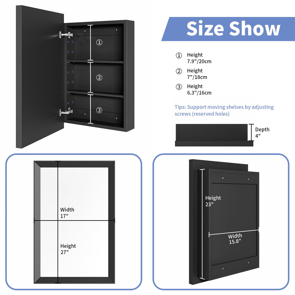 AGDULL Retro-Style Medicine Cabinet with 17’’x27’’ Solid Wood Mirror Frame, Bathroom Recessed Wall Cabinet, Living Room Wood Storage Cabinet, Black AGDULL