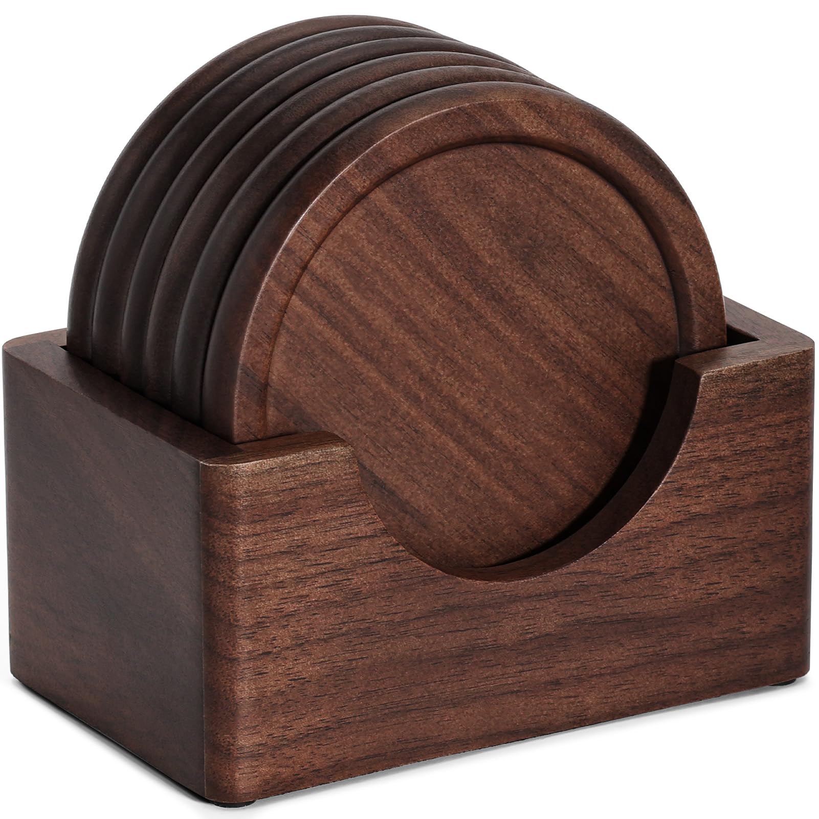 Wood Coasters with Holder, GOH DODD Set of 6 Wooden Coaster Set for Drinks Desk Coffee Table Home Kitchen Office Bar, Tabletop Protection Living Room Decor, Walnut Coasters, 3.6 Inch - WoodArtSupply