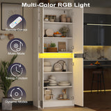 Furnify 71" Tall Pantry Storage Cabinet, Kitchen Pantry with High Gloss Doors, Modern Buffet Hutch Cabinet with Led Light and Adjustable Shelves for Dining Room, Living Room, White Furnify