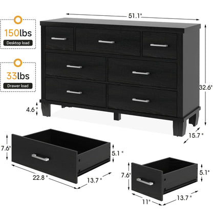 GarveeHome Dresser for Bedroom, 7 Drawers Modern Wood Dresser, 51" Wide Chest of Drawers Closet, Wooden Dresser Organizer with Metal Handle, for Bedroom, Living Room, Black