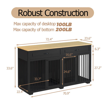 DAWNSPACES Large Dog Crate Furniture, 72" Wooden Large Dog Kennel with Drawers & Divider, Heavy Duty Indoor Dog Cage with Double Rooms for Large Medium Small Dogs, Black - WoodArtSupply