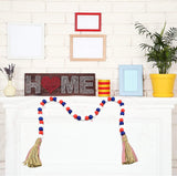 Wood Bead Garland with Rustic Tassels, Farmhouse Wall Hanging Prayer Beads Patriotic American Independence Day 4th of July Ornaments for Home Decor Medoore