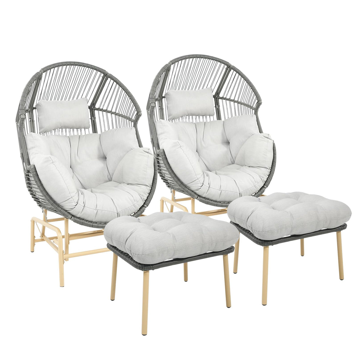 Patio Chairs Outdoor Egg Chair - Rattan Patio Lounge Rocker Chairs 4 Piece Wicker Rocking Glider Chair Set with 2 Glider Egg Chairs and 2 Ottoman for Outside Porch Deck Backyard Garden(Grey/Gery) Pugire