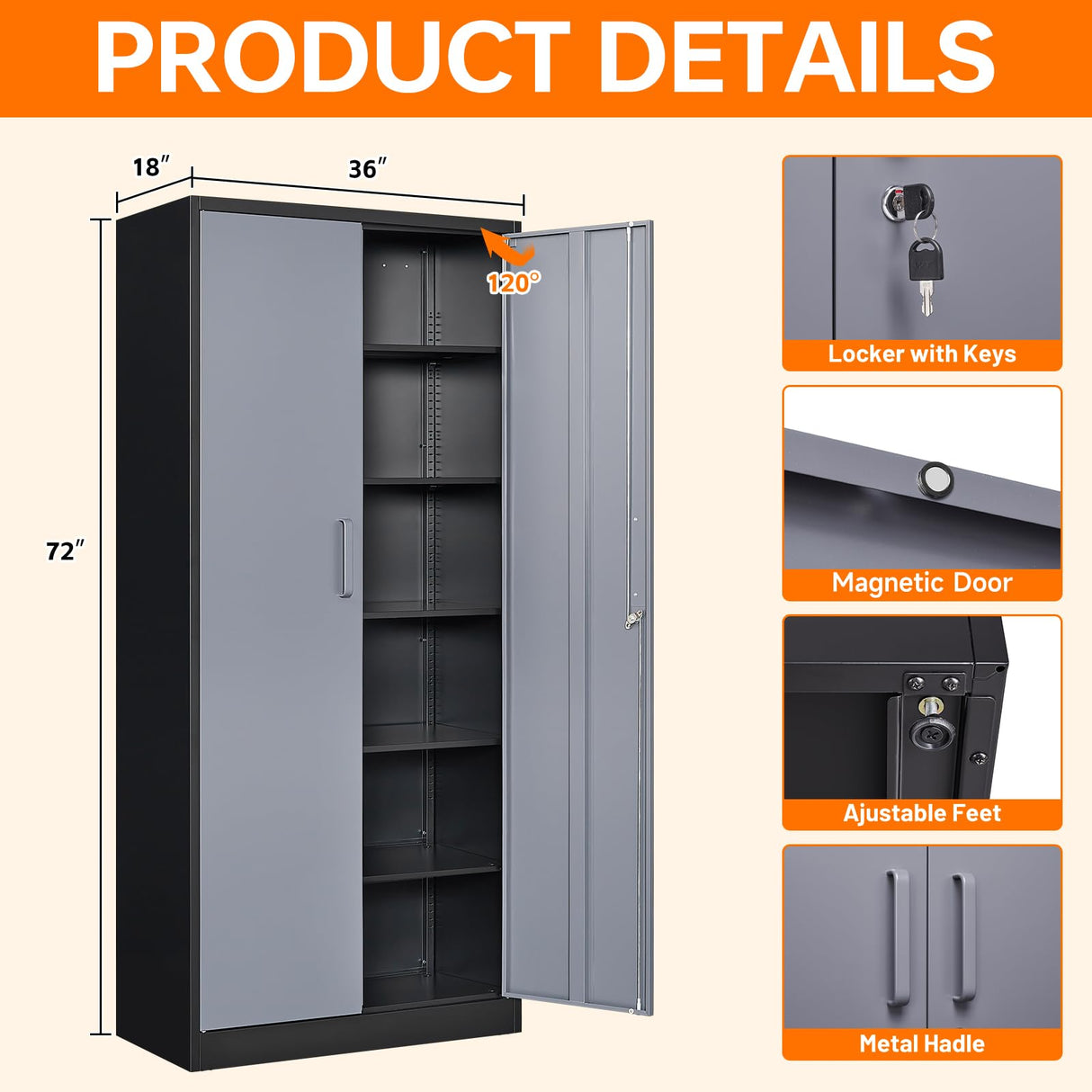 NODHM Garage Storage Cabinet with Lock, 72" Steel Storage Cabinet with Doors and 5 Adjustable Shelves, Metal Utility Cabinet Tall File Cabinet for Garage, Office, Home NODHM