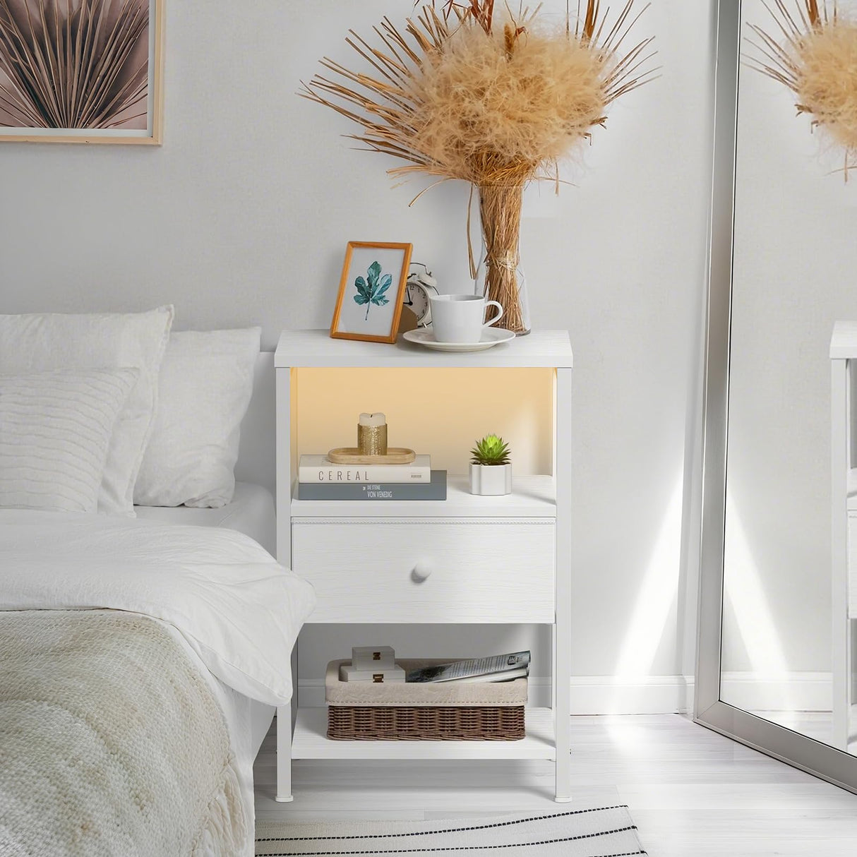 BOLUO White Nightstand with Charging Station, LED Night Stand with Fabric Drawers and Shelf, Bedside Table with USB Ports and Outlets, Bedroom Nightstand Modern BOLUO