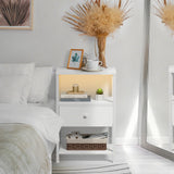 BOLUO White Nightstand with Charging Station, LED Night Stand with Fabric Drawers and Shelf, Bedside Table with USB Ports and Outlets, Bedroom Nightstand Modern BOLUO